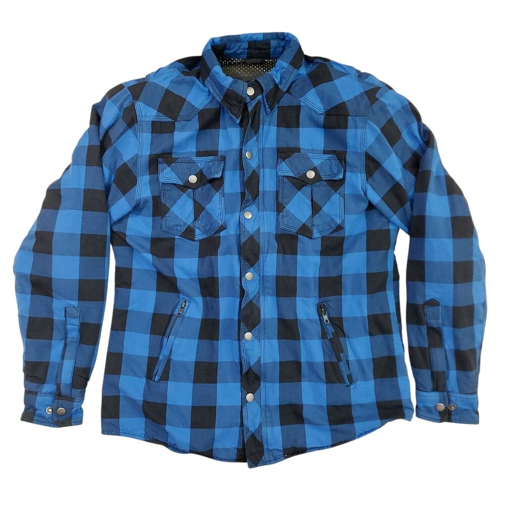 Winx Wheels Mens Large Blue Plaid Armored Moto Flannel Jacket Biker Riding